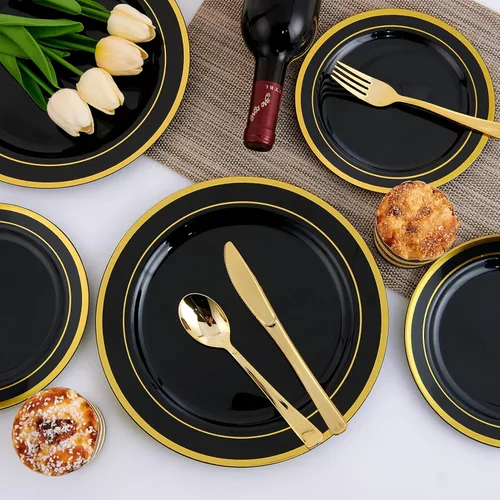 Miniatura 5 de 125 platos de plástico para cena de Halloween, incluye 25 platos de postre desechables y cubiertos desechables dorados, juego de vajilla para 25