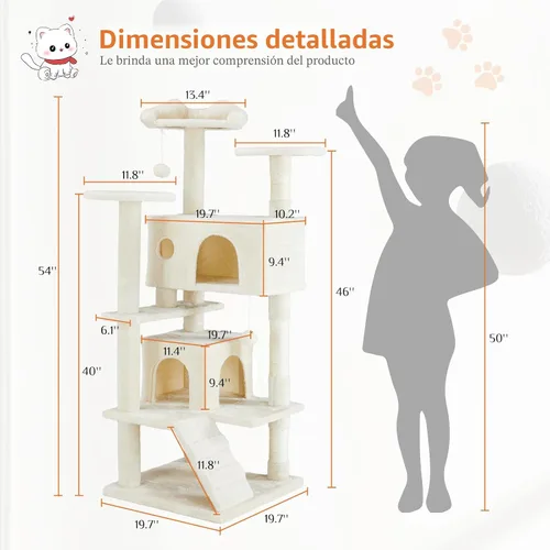 Miniatura 3 de Sweetcrispy Torre de árbol para gatos de 54 pulgadas, torre de varios niveles con poste rascador para gatos, condominio interior para gatos con Gris