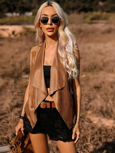 Miniatura 4 de OYOANGLE Chaqueta tipo cárdigan de gamuza hippie sin mangas con cuello abierto para mujer