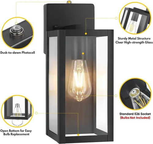 Miniatura 4 de BesLowe Paquete de 2 faroles de pared para exteriores del anochecer al amanecer, negro mate, apliques exteriores impermeables con vidrio