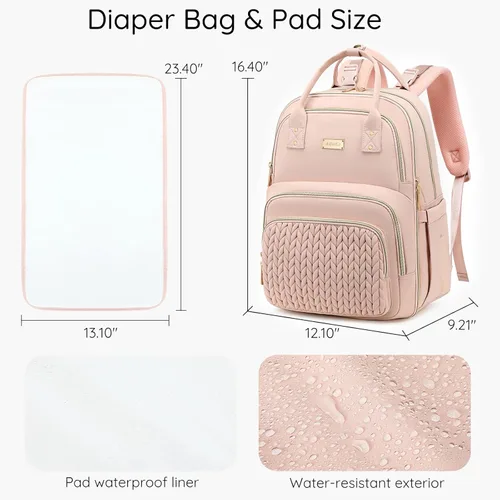 Miniatura 7 de Mochila para pañales, grande, multifuncional, para niños, niñas y bebés, bolsa esencial de viaje con cambiador, bolsillos aislados, correas para Rosa