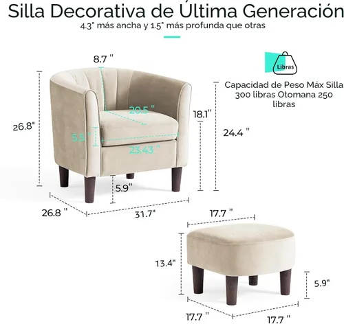Miniatura 2 de LINSY Silla decorativa con otomana, sillón moderno, cómoda silla de lectura de barril con reposapiés para sala de estar, dormitorio, sala de Beige