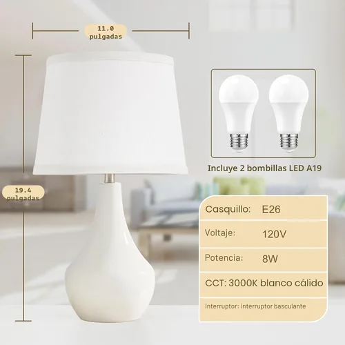 Miniatura 2 de Seealle Lámparas de Mesa de Cerámica Modernas para Mesitas de Noche - Juego de 2 Lámparas de Cabecera para Mesita de Noche, Lámpara Blanca