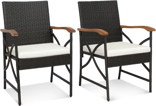 Tangkula Juego de 2 sillas de comedor de mimbre para patio, sillas de ratán de polietileno para exteriores con cojín suave, marco de metal y