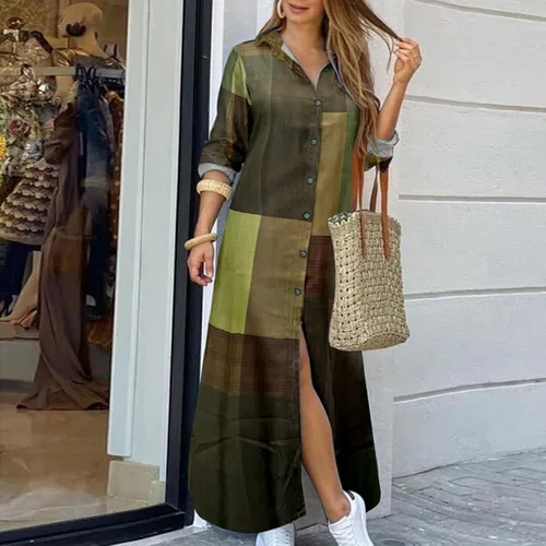 Miniatura 3 de Vestido largo casual de mezclilla con botones para mujer, con solapa, manga larga, con bolsillos, para otoño