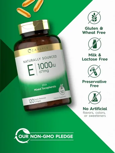 Miniatura 5 de Carlyle Cápsulas blandas de vitamina E de 1000 UI con tocoferoles mixtos 120 píldoras Suplemento de origen natural Fórmula sin OMG y sin