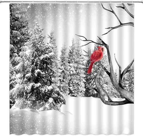 Miniatura 5 de Cortina de ducha de Navidad de invierno con pájaros rojos de Navidad, pájaros, árbol de pino, rama, bosque, copo de nieve, nevada, día festivo