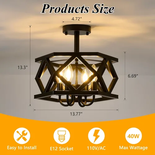 Miniatura 7 de Lámpara de techo semiempotrada negra, moderna lámpara de techo de metal, lámpara de techo de metal de 4 luces, lámpara de araña pequeña para Negro