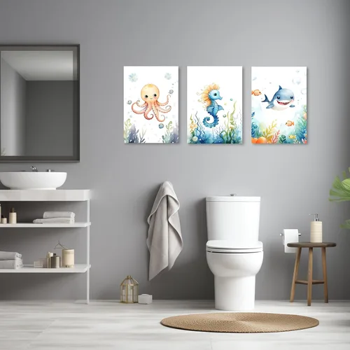 Miniatura 4 de ZXHYWYM Arte de pared de 3 piezas para habitación del bebé, diseño de tiburón de pulpo, caballito de mar, tiburón, impresiones sobre lienzo
