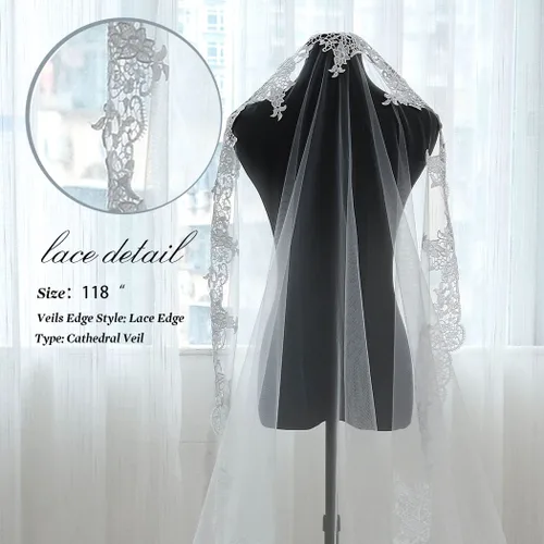 Miniatura 5 de Unsutuo Catedral velo de novia de 1 nivel, apliques de encaje, velo de novia, velo largo de tul con peine para mujeres y novias, Blanco