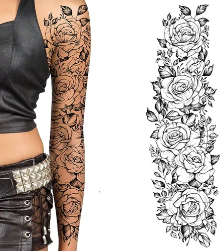 Manga de tatuaje temporal para mujer Pegar en flor rosa flora flores adulto tatuaje temporal transferencia de tatuaje femenino arte realista