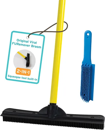 Escoba original FURemover de goma para pelo de mascotas con rasqueta, con mango telescópico de 58" para alfombra, baldosas y madera dura y cepillo