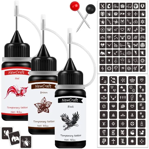 Kit de Pintura de Arte Temporal Tinta de Tatuaje Semipermanente Gel de Mano Alzada 103 Piezas Plantillas Gratis, Pecas Falsas DIY, Kit Completo 3