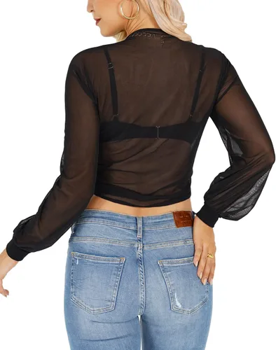 Miniatura 3 de MANGOPOP Blusa corta de manga corta de malla transparente para mujer