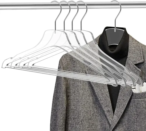 Miniatura 3 de Paquete de 5 perchas de acrílico transparente de calidad con barra cromada para ropa, pantalones, chaquetas de traje, abrigos y camisas