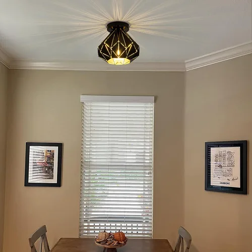 Miniatura 5 de Modern Geometric Ceiling Light, Black Metal Diamond Cage Design, Semi-Flush Mount, Industrial Style, E26, Matte Black with Gold Inside