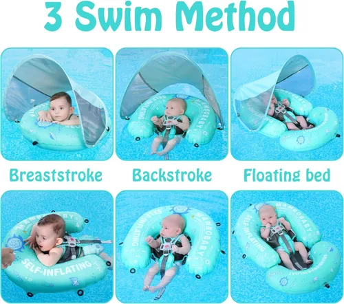 Miniatura 2 de Mambobaby - Flotador infantil autoinflable con toldo para piscina, cama flotante plegable/comprimible para bebé, flotador de natación para niños