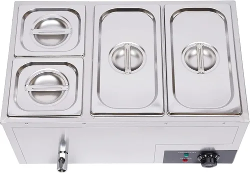 Miniatura 2 de Bain Marie Buffet - Mesa de vapor eléctrica de 4 bandejas de 850 W, calentador de alimentos con tapas, acero inoxidable, comercial, capacidad