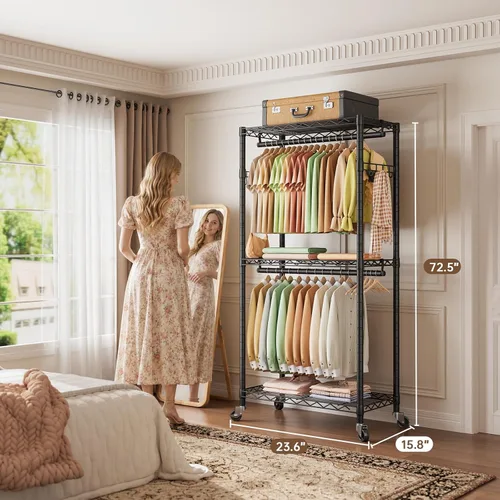 Miniatura 3 de Estante para ropa resistente con ruedas, estante enrollable para prendas, estantes ajustables de alambre de 3 niveles para colgar ropa con barras
