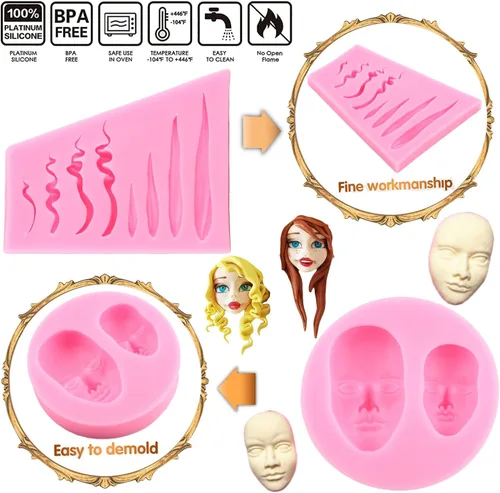 Miniatura 2 de Mujiang Moldes de silicona para cara humana, moldes de fondant para el pelo de muñeca, para decoración de pasteles, arcilla polimérica, caramelo