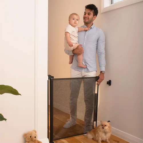 Puerta retráctil para bebé Perma Child Safety 33 pulgadas de alto x 55 pulgadas de ancho, malla, para escaleras, puertas, perros, mascotas,