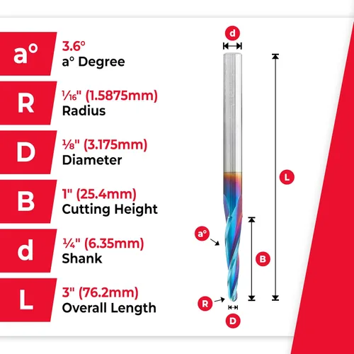 Miniatura 4 de Amana Tool 46286-K Brocas de enrutador CNC en espiral de corte de carburo para plástico, madera 2D/3D tallado 3.6 grados punta de bola de ángulo