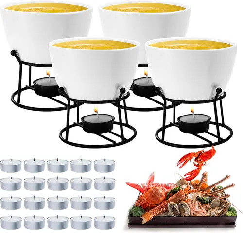 Luvan 4 calentadores de mantequilla de 14.2 onzas para mariscos, derretidor de mantequilla con soportes y 20 velas de candelita, juego de calentador