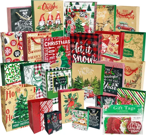 Party Funny 24 bolsas de papel de regalo de Navidad a granel con asas y 60 etiquetas de regalo de Navidad, varios tamaños para envolver regalos de