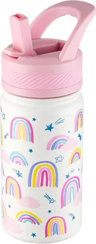 Miniatura 12 de Fanhaw Botella de agua aislada para niños de 14 onzas con tapa de pajita – Acero inoxidable de doble pared al vacío, a prueba de fugas, botellas