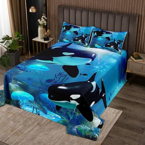 Miniatura 5 de Juego de colcha de ballena asesina Orcinus Orcas, medusas del mundo submarino, acolchado para niños y niñas, animales marinos profundos, vida Multi