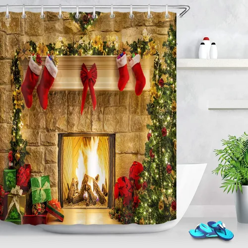 Miniatura 2 de LB Cortina de ducha para chimenea de Navidad, regalo de árbol de Navidad, cortina de baño de Año Nuevo con ganchos, 60 x 72 pulgadas, tela