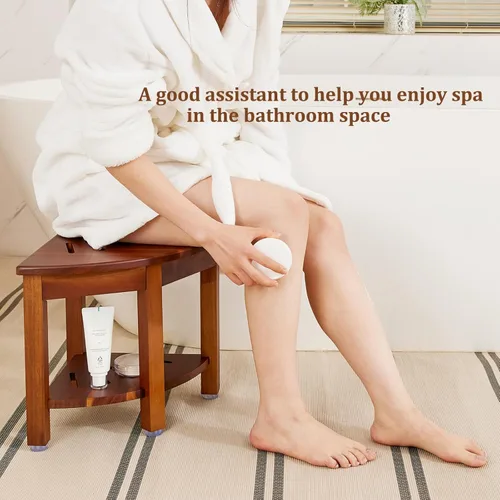 Miniatura 5 de HouseJoy Banco de ducha de esquina con estante: taburete de ducha de esquina para afeitarse las piernas, reposapiés de baño, banco de baño