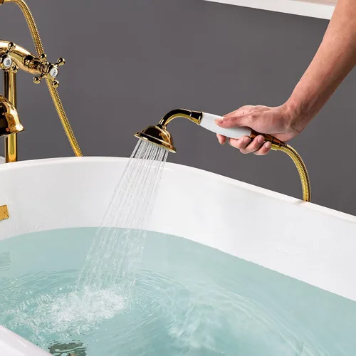 Miniatura 6 de WOODBRIDGE F0019PG - Grifo de bañera con doble manija para montaje en el suelo, dorado Oro