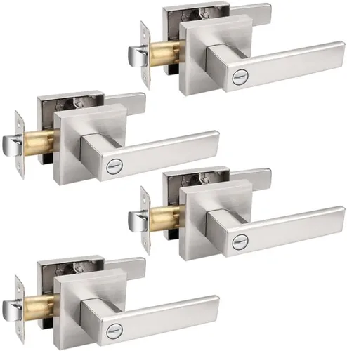 Probrico - Paquete de 4 manijas cuadradas para puerta, cerraduras, manijas de privacidad sin llave, cerraduras interiores para cama y baño en níquel
