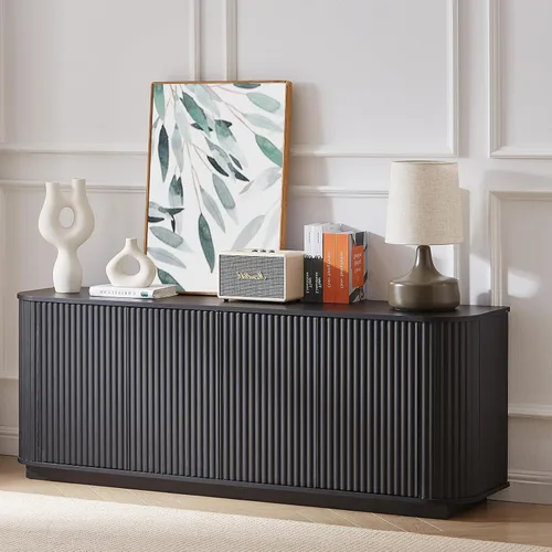 Miniatura 3 de LKTART Aparador de 64 pulgadas con almacenamiento, armario de almacenamiento de madera acanalada, aparador Credenza con estantes ajustables, resorte