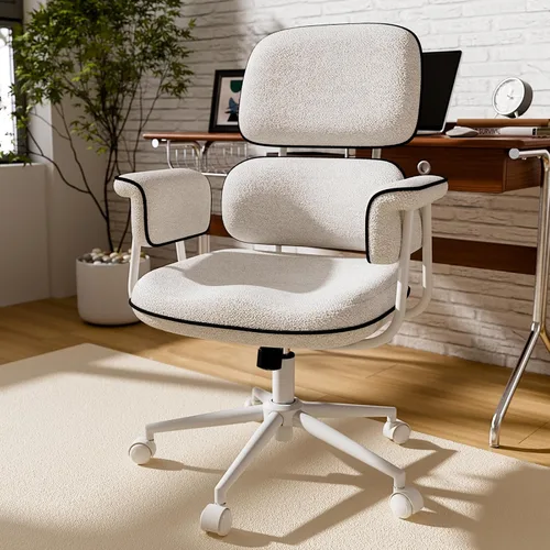 Silla de oficina de tela con lino granular, silla de escritorio vintage con respaldo medio con ruedas y brazos anchos, sillas de escritorio modernas