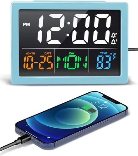 Miniatura 10 de Reloj despertador digital, con pantalla LED grande de 5.5", volumen de alarma ajustable, 6 niveles de brillo, ajustes de alarma, cargador USB