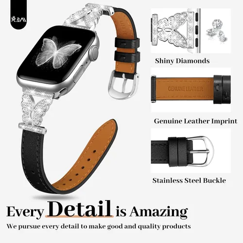 Miniatura 3 de JR.DM Correas de cuero para reloj para mujeres compatibles con Apple Watch 38mm 40mm 41mm 42mm (S10) con conector de mariposa brillante plateado