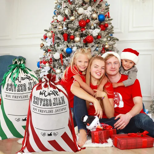 Miniatura 6 de XinblueCo Santa Sack - Paquete de 2 bolsas de lona de Navidad a rayas con cordón, bolsa de regalo personalizada de Navidad, tamaño extra grande