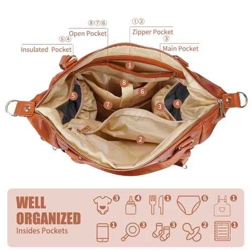 Miniatura 5 de Bolsa de pañales de cuero a la moda con 13 bolsillos para mamá papá, bolsa grande de viaje para bebés para niños y niñas con 3 bolsillos aislados