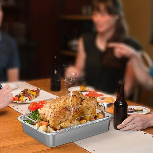 Miniatura 4 de Onlyfire Sartén para asar con estante en U – Asador de acero inoxidable para hornear, sartén rectangular de lasaña de pavo de 16 pulgadas para asar