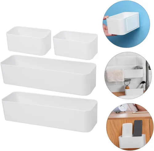 Miniatura 6 de Estante de almacenamiento montado en la pared, paquete de 4 contenedores flotantes adhesivos sin perforaciones, organizador compacto