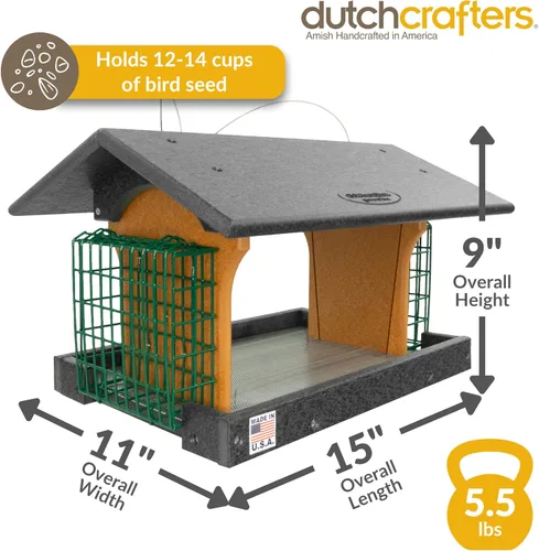 Miniatura 2 de DutchCrafters Comedero colgante de polietileno para pájaros con dos jaulas de soporte para tartas de sebo; alimentador de pájaros duradero