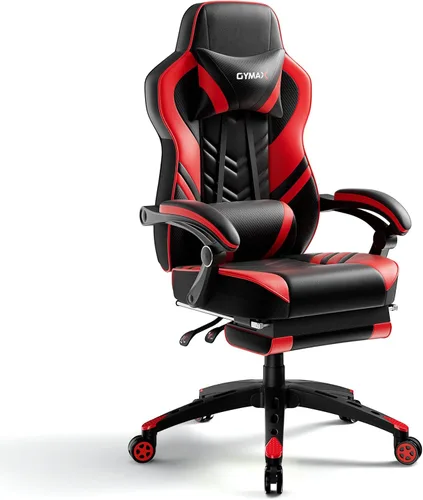 Miniatura 10 de POWERSTONE Silla de videojuegos con reposapiés y soporte lumbar, estilo carreras, piel sintética, ergonómica, ajustable, giratoria, color negro