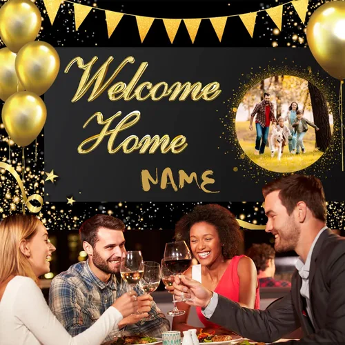 Miniatura 6 de Pancarta personalizada de bienvenida a casa, señal de bienvenida a casa en negro y oro para decoración exterior, suministros de fiesta de regreso