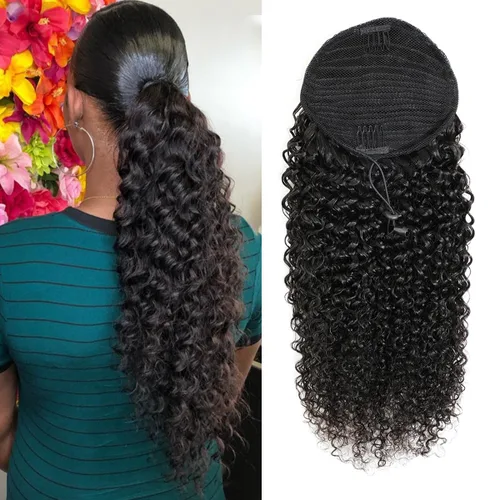 Miniatura 36 de Extensiones de pelo rizado con cordón para cola de caballo, extensiones de cabello humano para mujer con dos clips 1B# 120g/set (71cm)