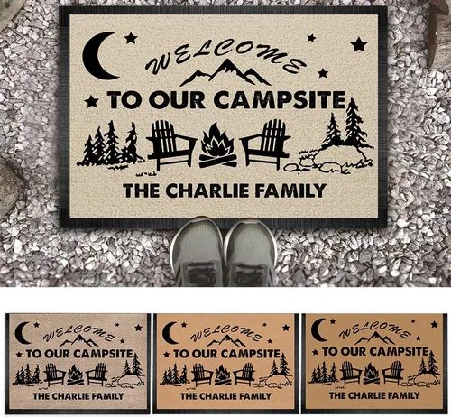 Tapete personalizado de bienvenida a nuestro campamento, accesorio de campamento al aire libre con nombre de la familia, tapete antideslizante e