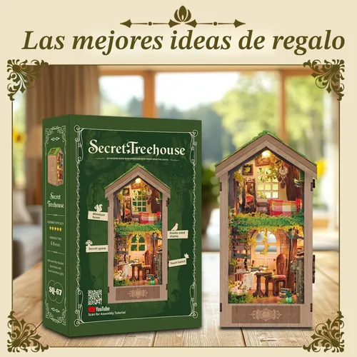 Miniatura 5 de Kits de rincón de libros para adultos, casa de muñecas en miniatura 3D con LED, la casa del árbol secreto de madera, estantería de madera, regalos