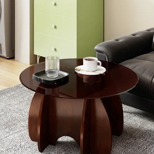 Miniatura 7 de Mesa de centro redonda de cristal, 30 pulgadas de diámetro, tapa templada marrón con patas de madera maciza de nogal, caballete central moderno