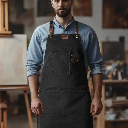 Miniatura 8 de LEATHER VILLAGE Delantales de chef para hombres y mujeres con bolsillos grandes, delantal de trabajo ajustable de lona de algodón con espalda Negro